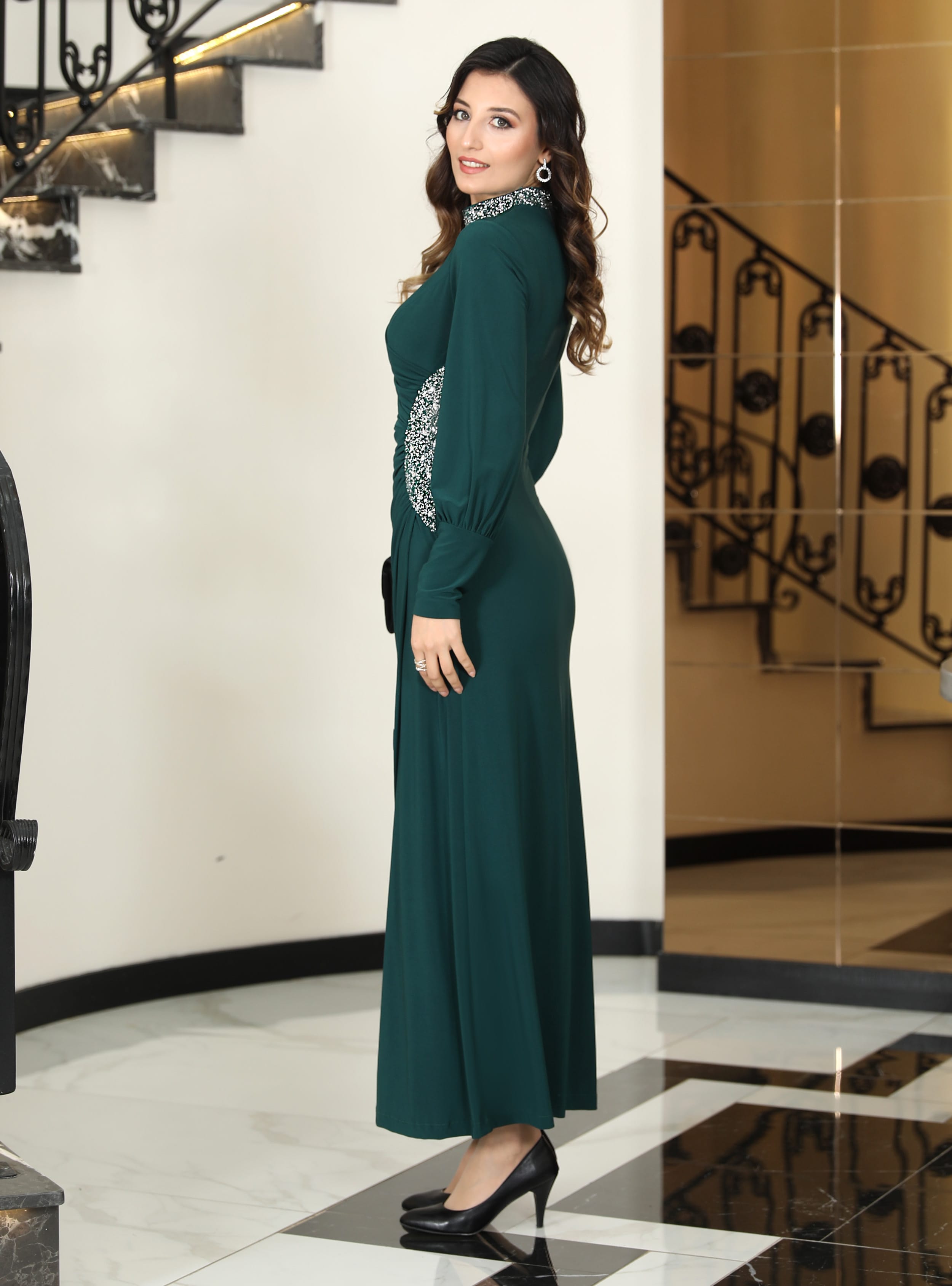 LAVİN TESETTÜR ABİYE ELBİSE - Zümrüt Yeşili- Elben Moda - Resim 3