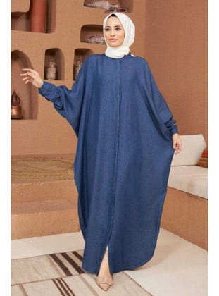 6571-Denim Tensel Abaya Koyu Mavi