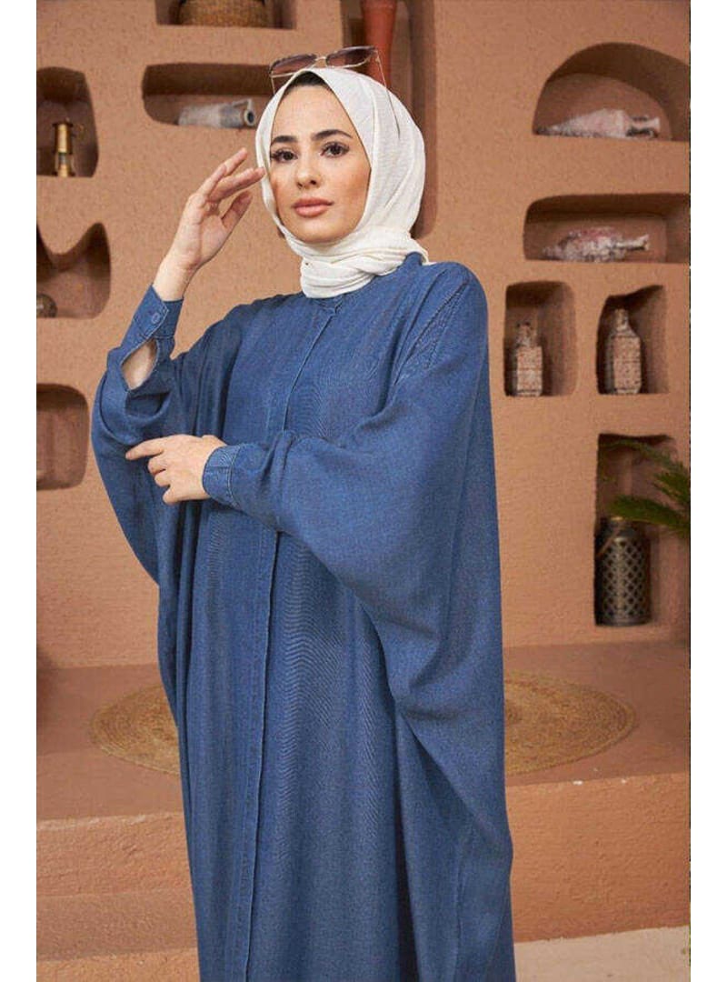 6571-Denim Tensel Abaya Koyu Mavi - Resim 3