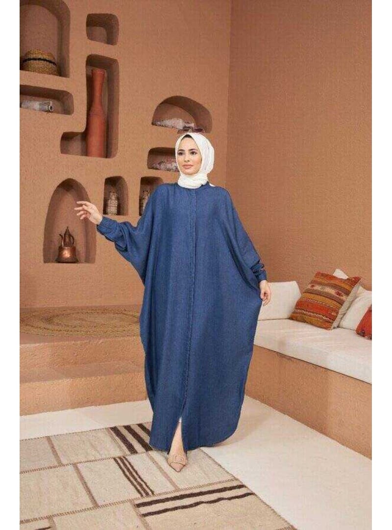 6571-Denim Tensel Abaya Koyu Mavi - Resim 4
