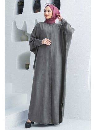 6571-Denim Tensel Abaya Gri