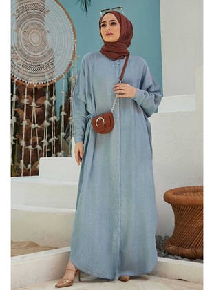 6571-Denim Tensel Abaya Mavi