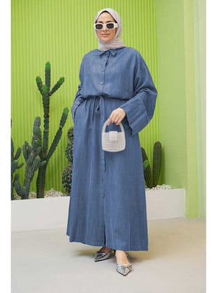 6596-Denim Düğmeli Süs Kuşaklı Abaya Koyu Mavi