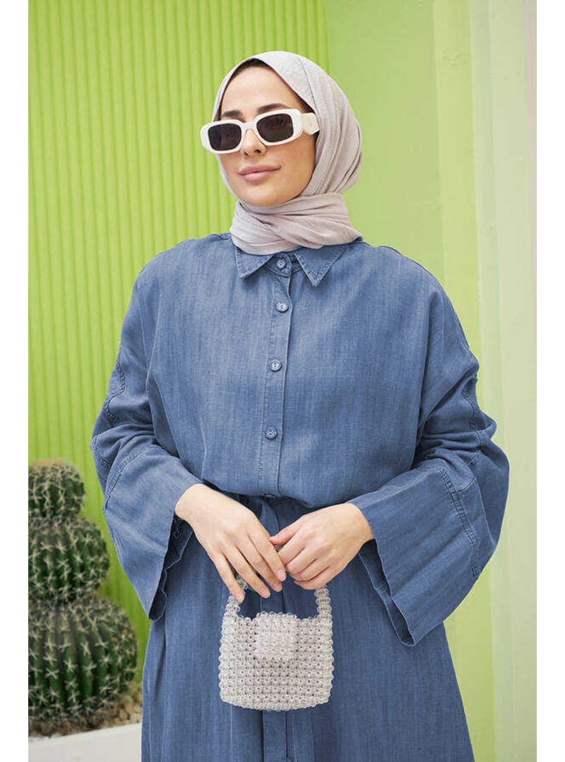 6596-Denim Düğmeli Süs Kuşaklı Abaya Koyu Mavi - Resim 2