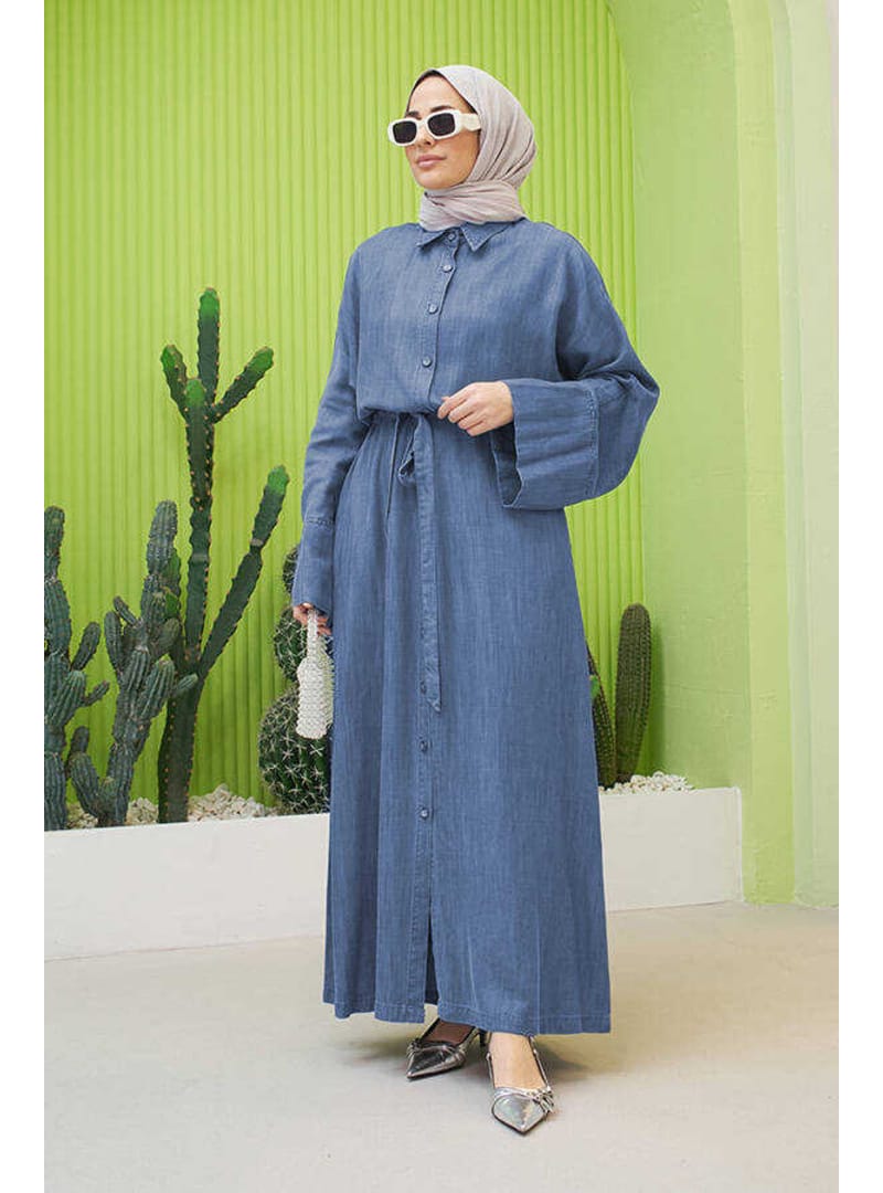 6596-Denim Düğmeli Süs Kuşaklı Abaya Koyu Mavi - Resim 3