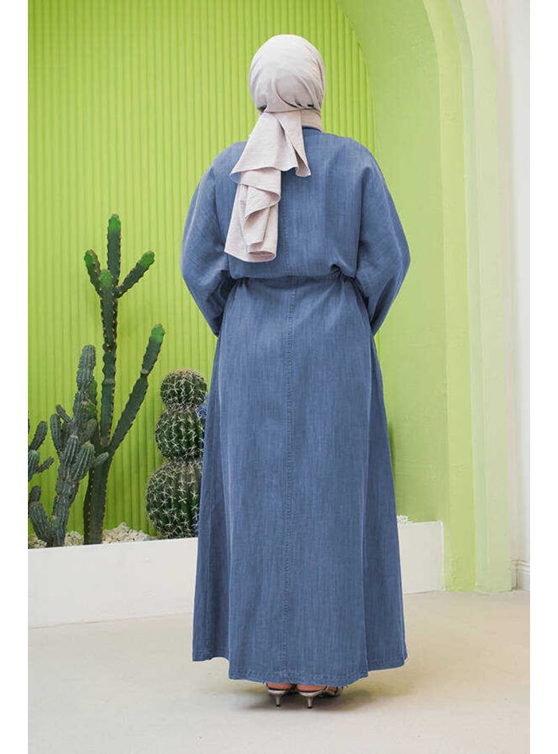 6596-Denim Düğmeli Süs Kuşaklı Abaya Koyu Mavi - Resim 4