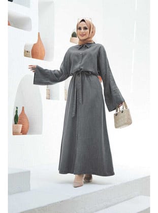6596-Denim Düğmeli Süs Kuşaklı Abaya Gri