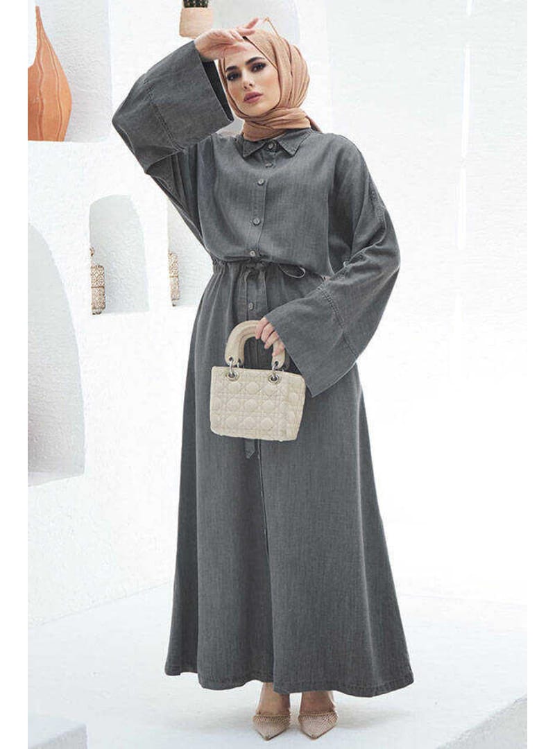 6596-Denim Düğmeli Süs Kuşaklı Abaya Gri - Resim 2