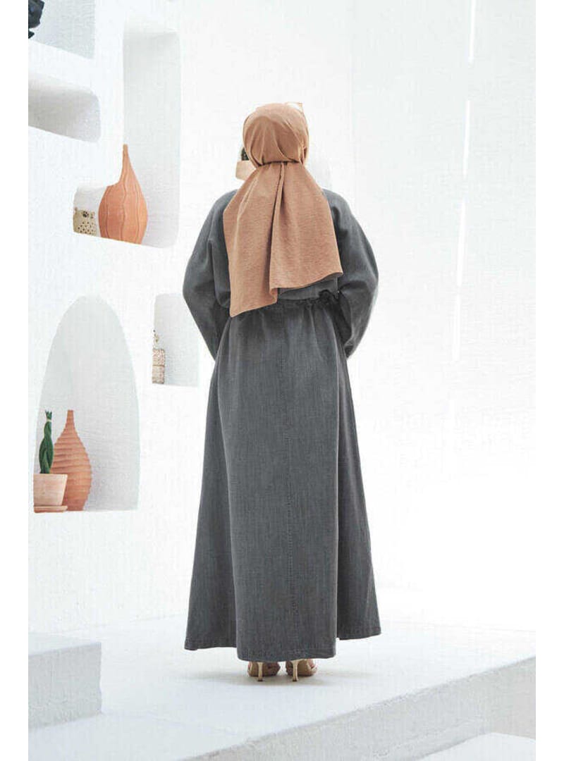 6596-Denim Düğmeli Süs Kuşaklı Abaya Gri - Resim 3