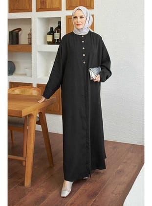 6618-Modal Süs Düğmeli Abaya Siyah