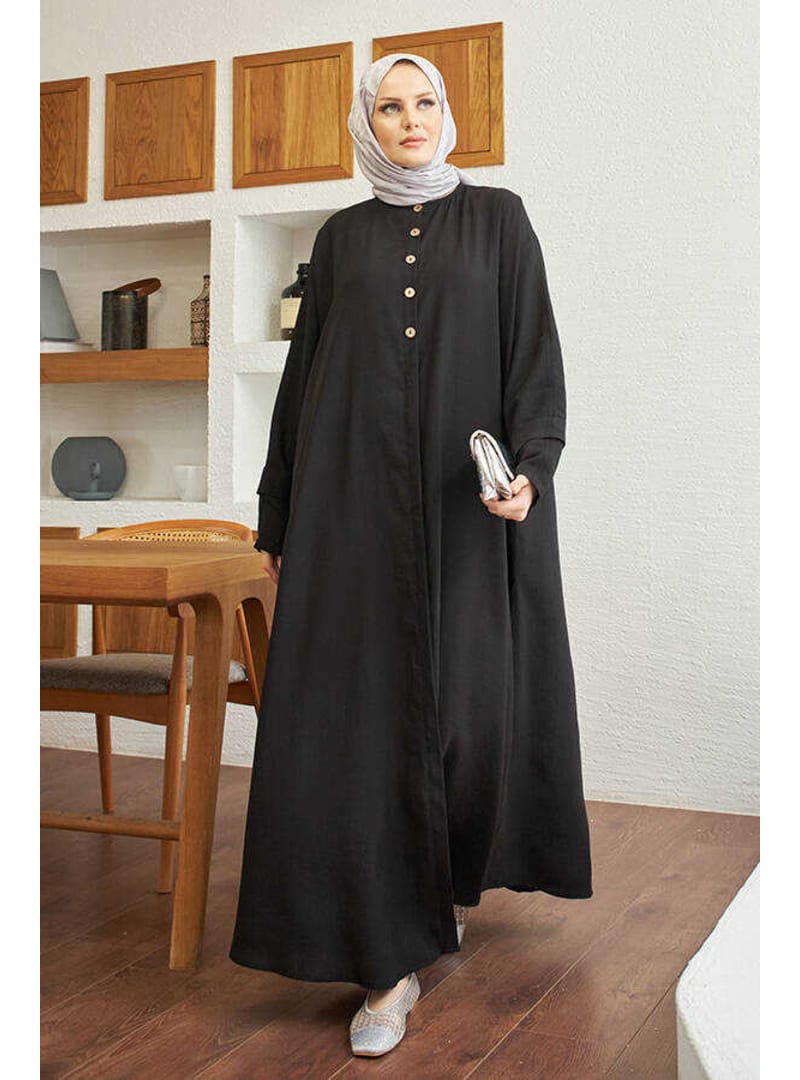 6618-Modal Süs Düğmeli Abaya Siyah - Resim 3