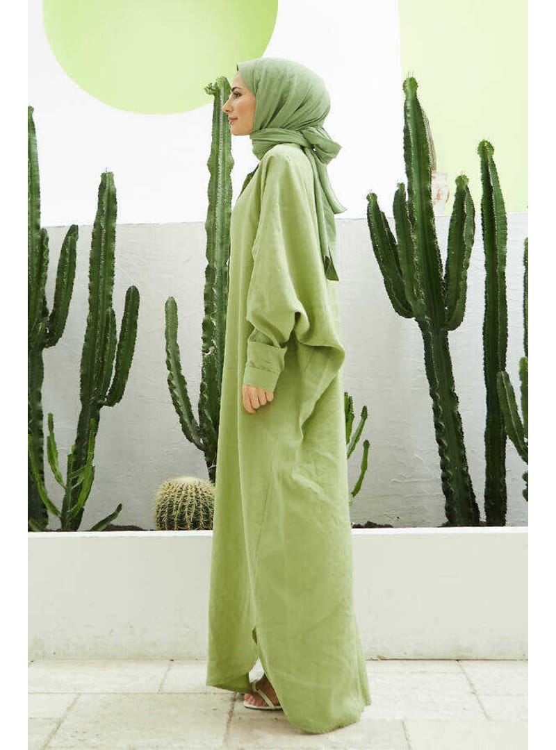 6571-Fendi Modal Abaya Fıstık Yeşili - Resim 3