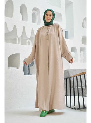6618-Modal Süs Düğmeli Abaya Bej