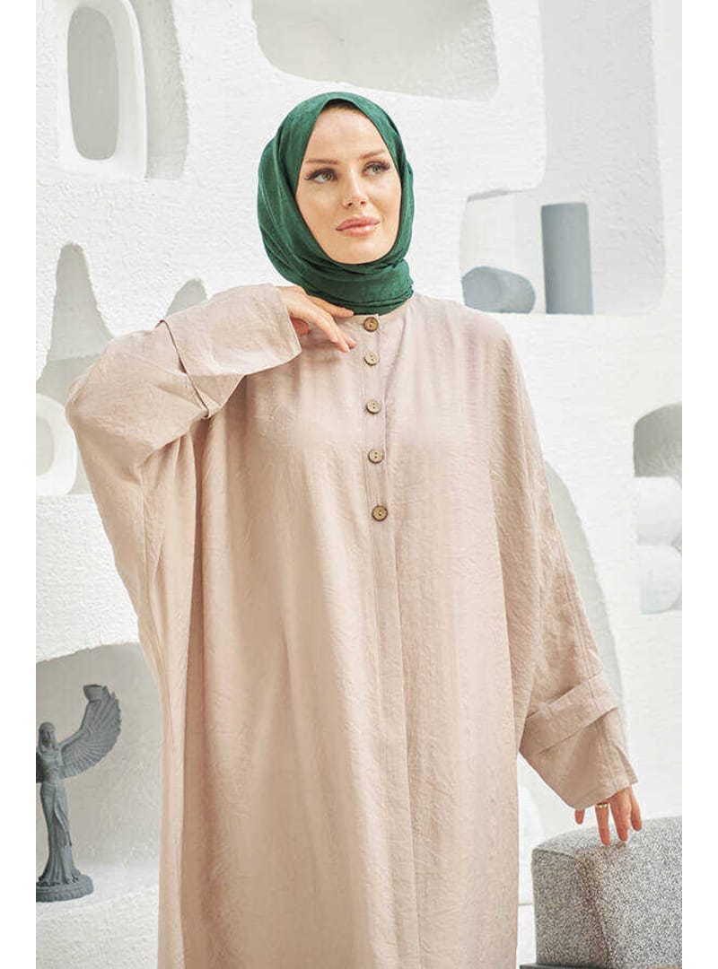6618-Modal Süs Düğmeli Abaya Bej - Resim 3