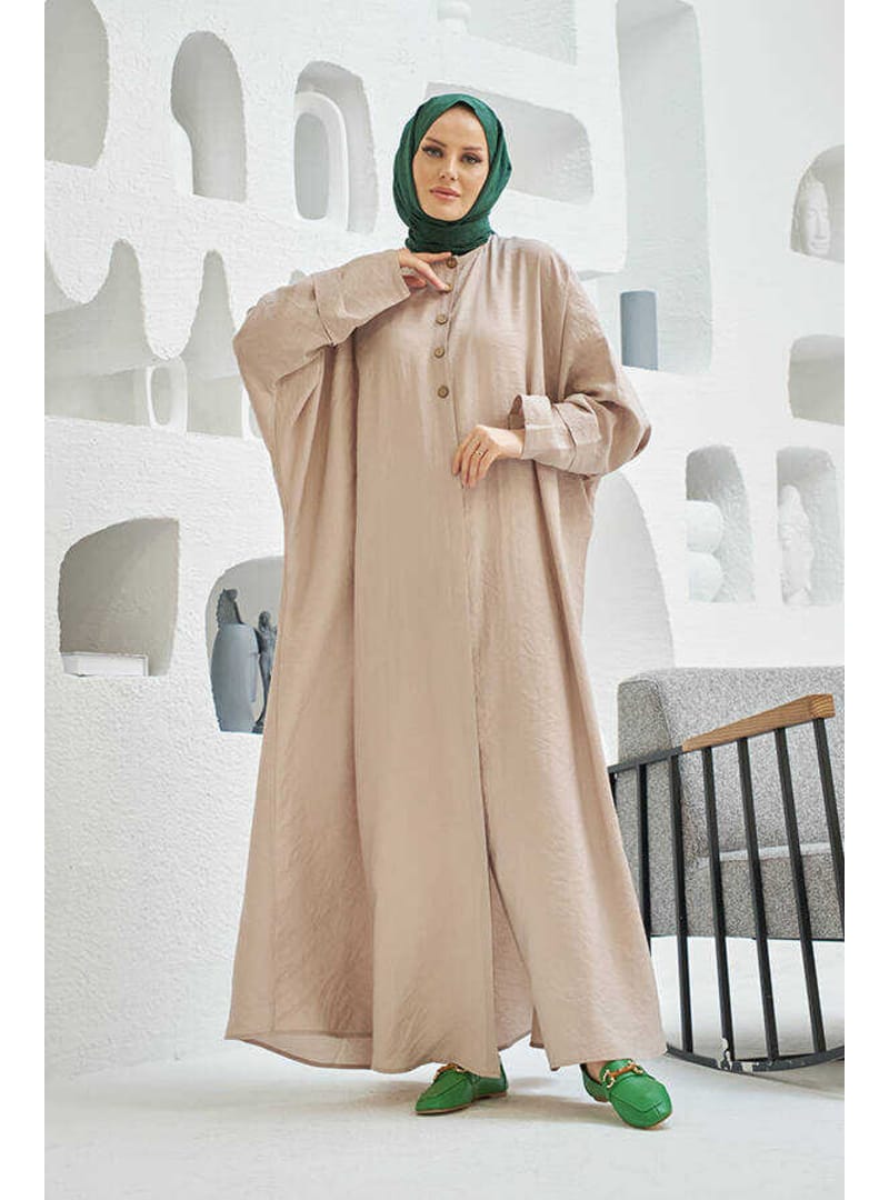 6618-Modal Süs Düğmeli Abaya Bej - Resim 4