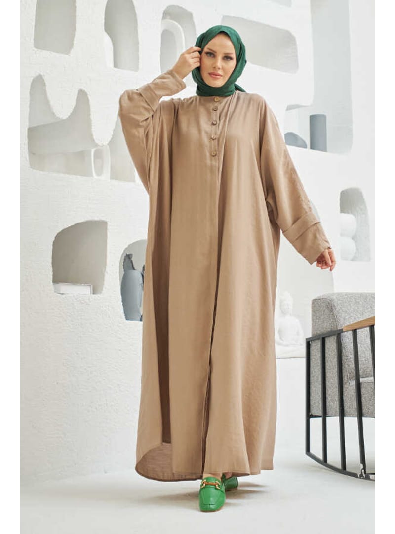 6618-Modal Süs Düğmeli Abaya Vizon - Resim 2