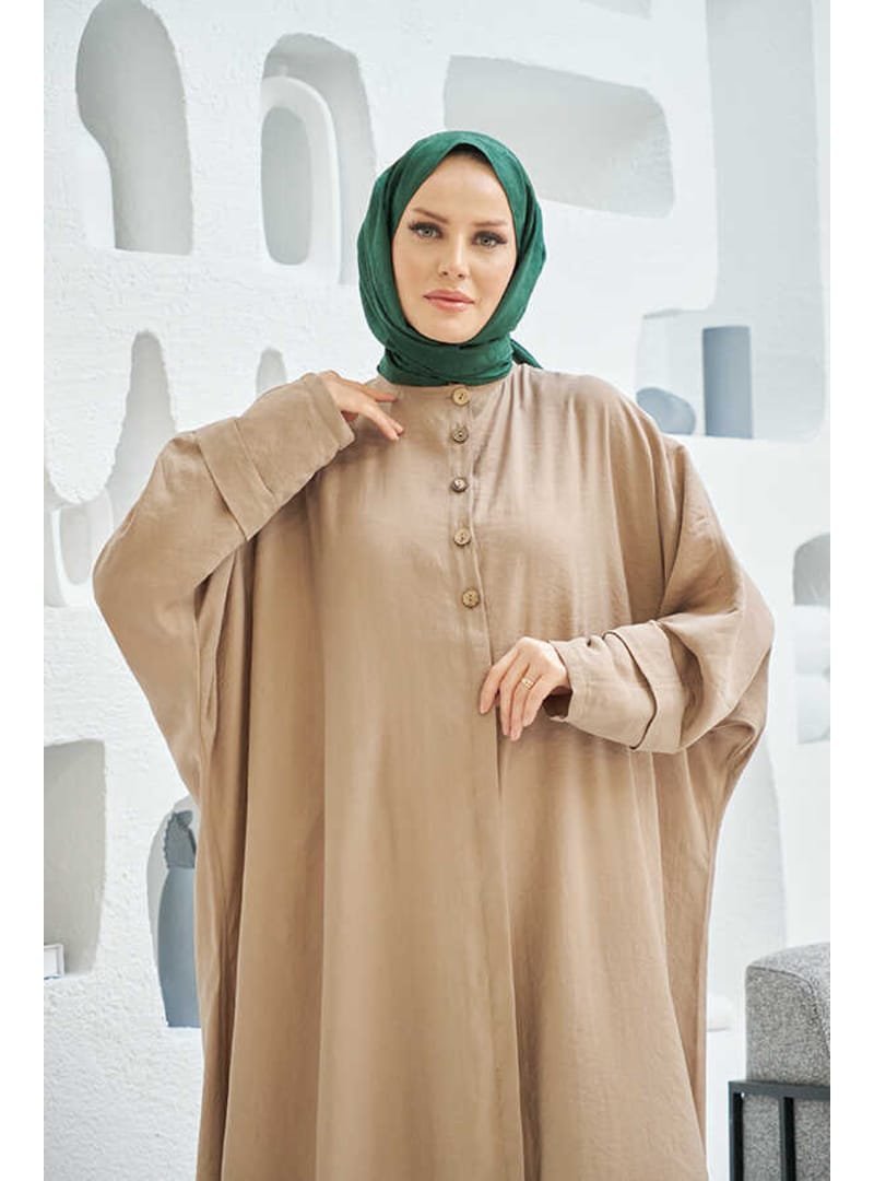6618-Modal Süs Düğmeli Abaya Vizon - Resim 3
