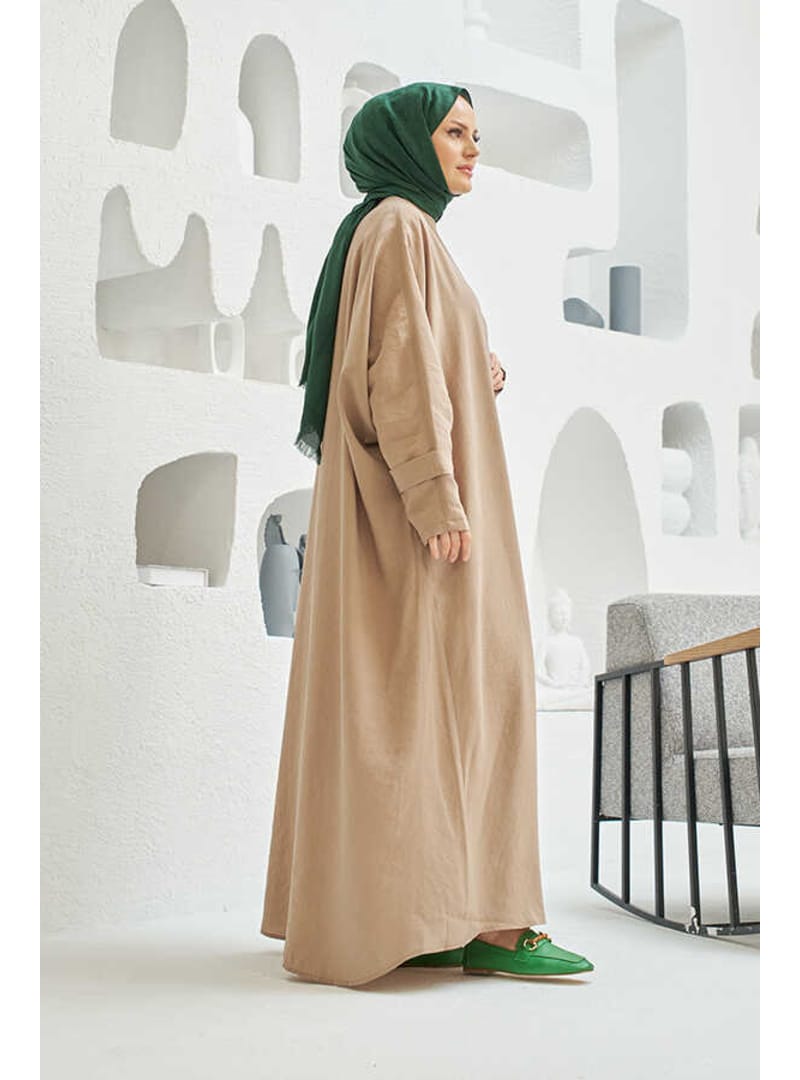 6618-Modal Süs Düğmeli Abaya Vizon - Resim 4