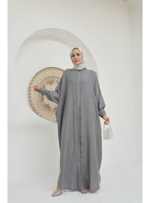 6571-Taşlı Tensel Abaya Gri
