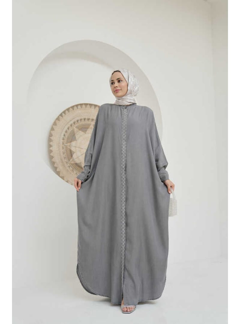 6571-Taşlı Tensel Abaya Gri - Resim 2