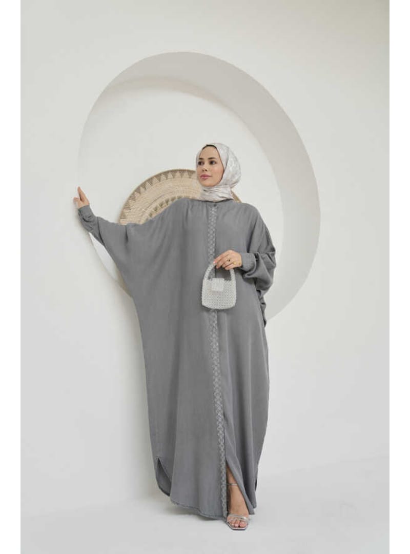 6571-Taşlı Tensel Abaya Gri - Resim 3