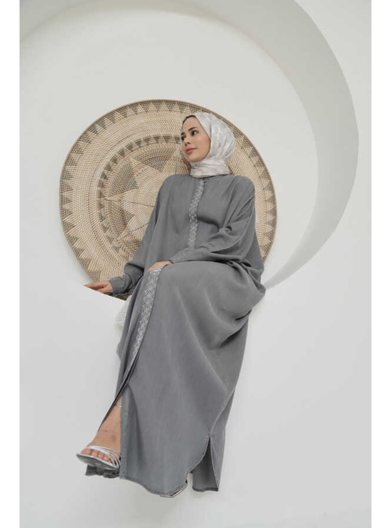 6571-Taşlı Tensel Abaya Gri - Resim 4