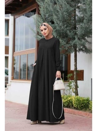 6482-DENİM ÖN TEK PİLELİ ELBİSE Siyah