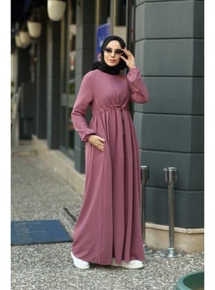 6497-Krep Süs Bağcıklı Büzgülü Elbise Gül Kurusu