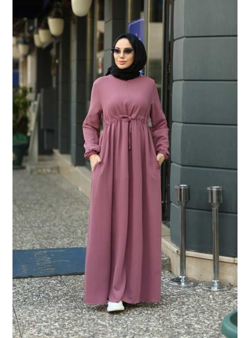 6497-Krep Süs Bağcıklı Büzgülü Elbise Gül Kurusu - Resim 4