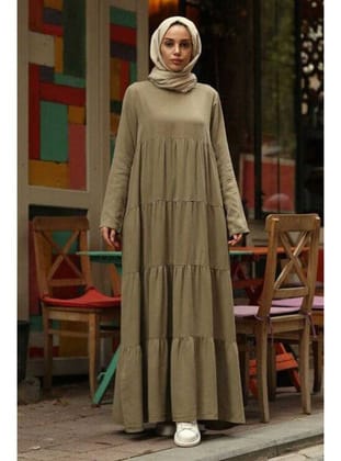 6400-Denim Parça Boya Elbise Haki
