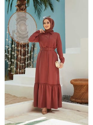 6561-Denim Kemerli Tensel Elbise Taba