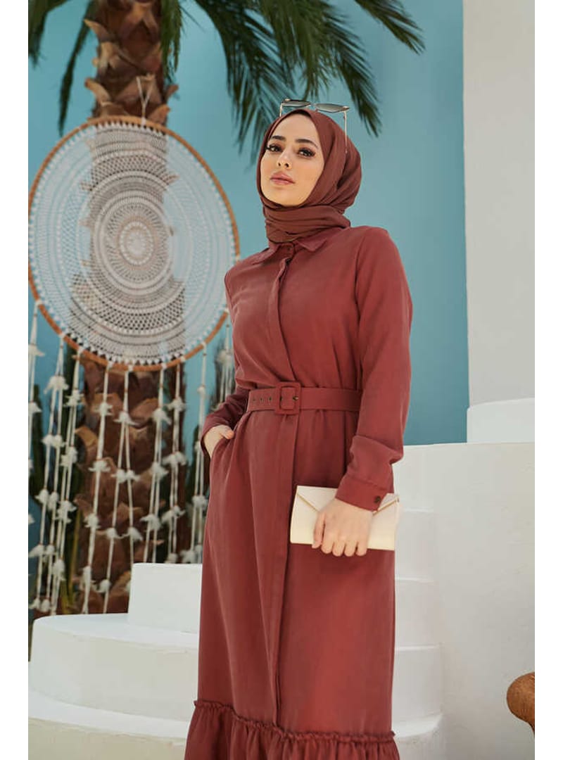 6561-Denim Kemerli Tensel Elbise Taba - Resim 2