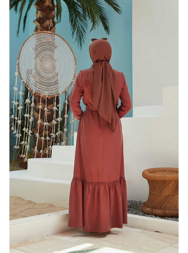 6561-Denim Kemerli Tensel Elbise Taba - Resim 3