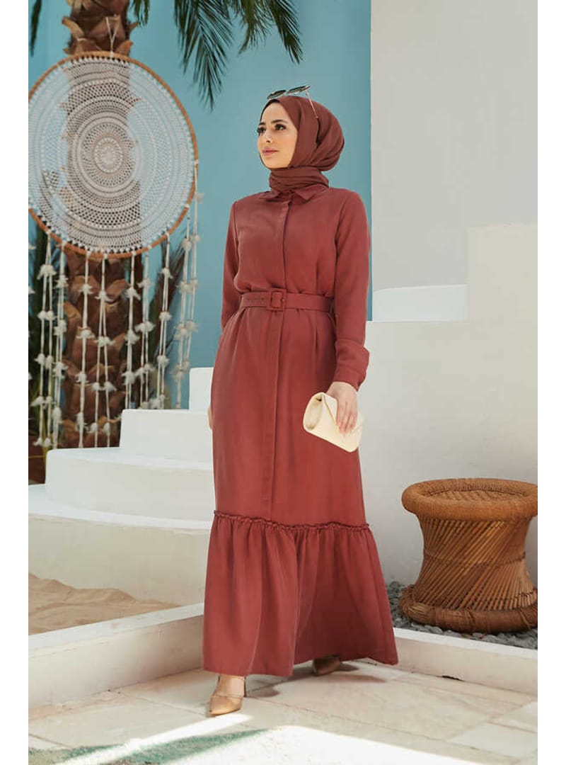 6561-Denim Kemerli Tensel Elbise Taba - Resim 4