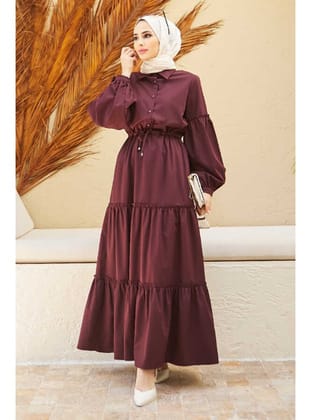 6567-Büzgülü Bağcıklı Elbise Bordo