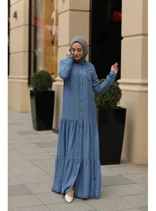 6564-Denim Büzgülü Düğmeli Elbise Koyu Mavi