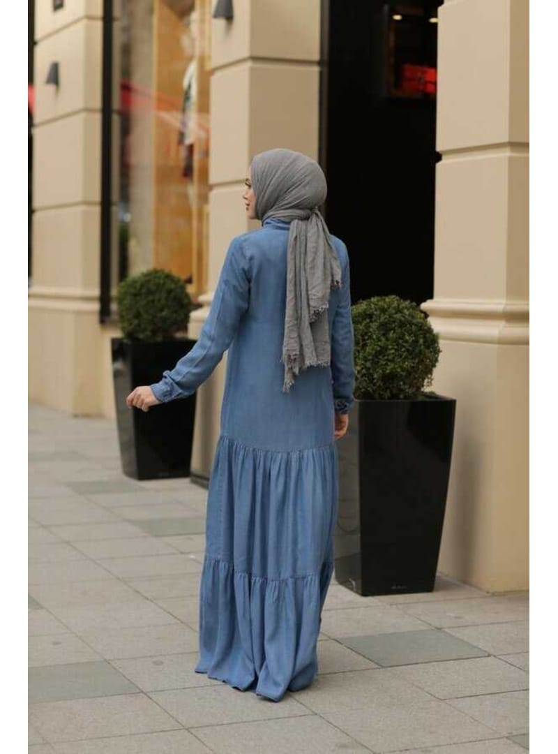 6564-Denim Büzgülü Düğmeli Elbise Koyu Mavi - Resim 2