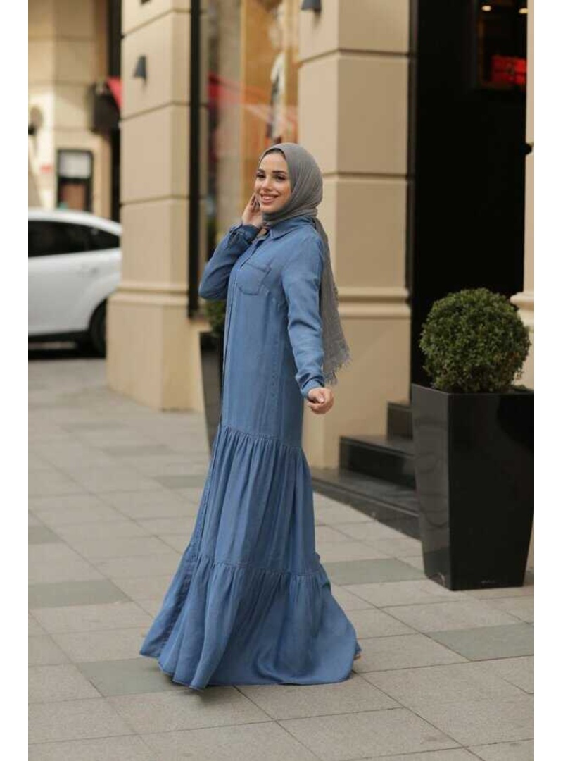 6564-Denim Büzgülü Düğmeli Elbise Koyu Mavi - Resim 3