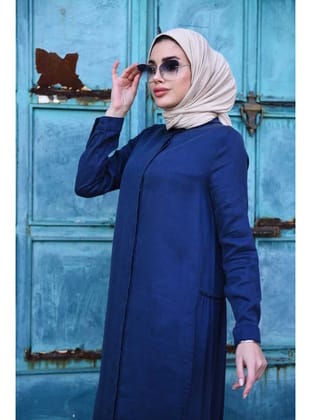 6425-Denim Büzgülü Katlı elbise Lacivert