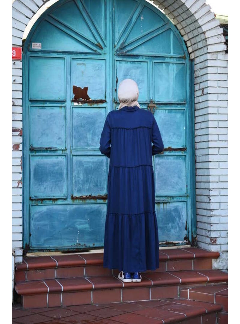 6425-Denim Büzgülü Katlı elbise Lacivert - Resim 2