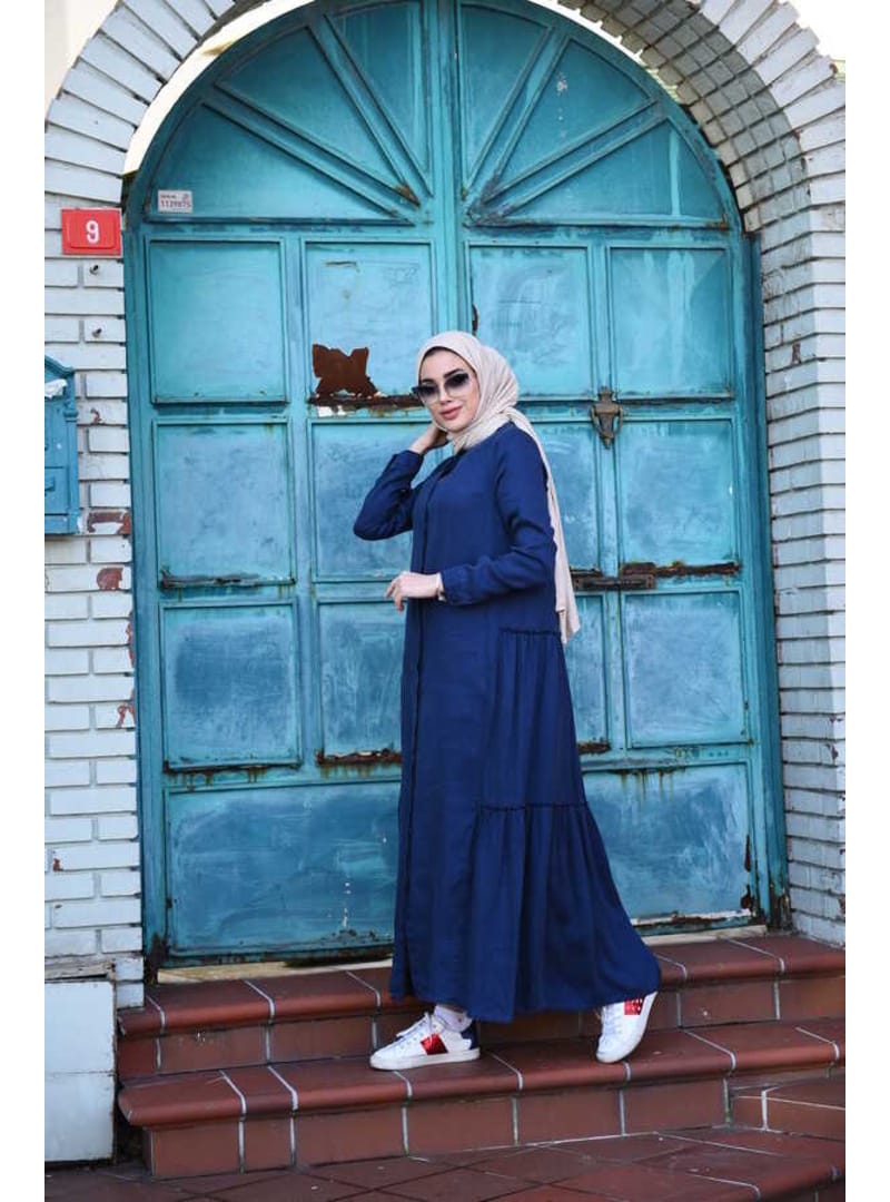 6425-Denim Büzgülü Katlı elbise Lacivert - Resim 3