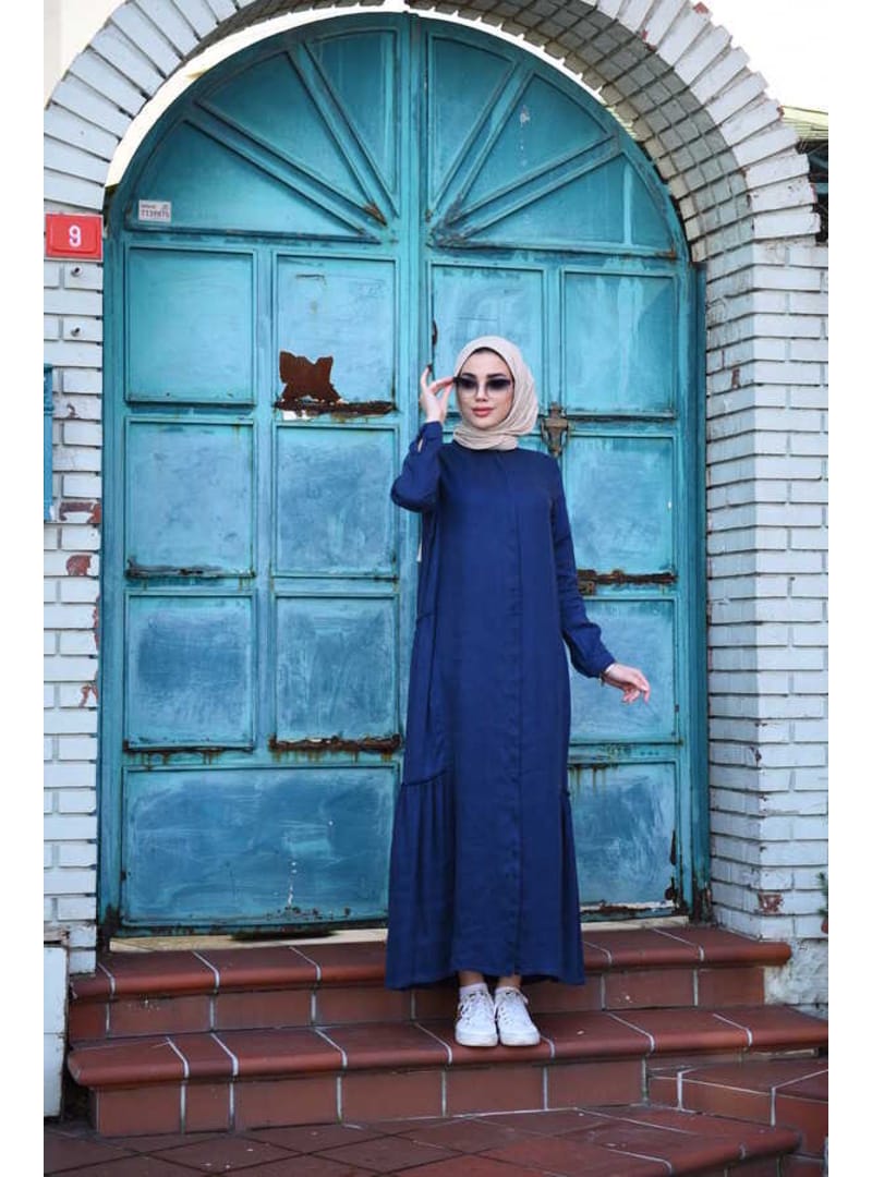 6425-Denim Büzgülü Katlı elbise Lacivert - Resim 4