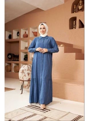6425-Denim Büzgülü Katlı elbise Mavi