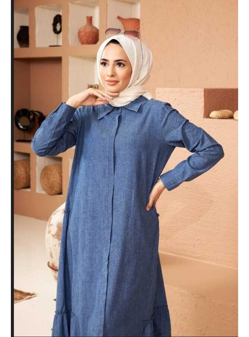6425-Denim Büzgülü Katlı elbise Mavi - Resim 2