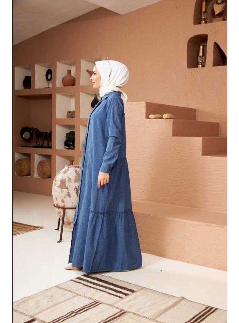 6425-Denim Büzgülü Katlı elbise Mavi - Resim 3