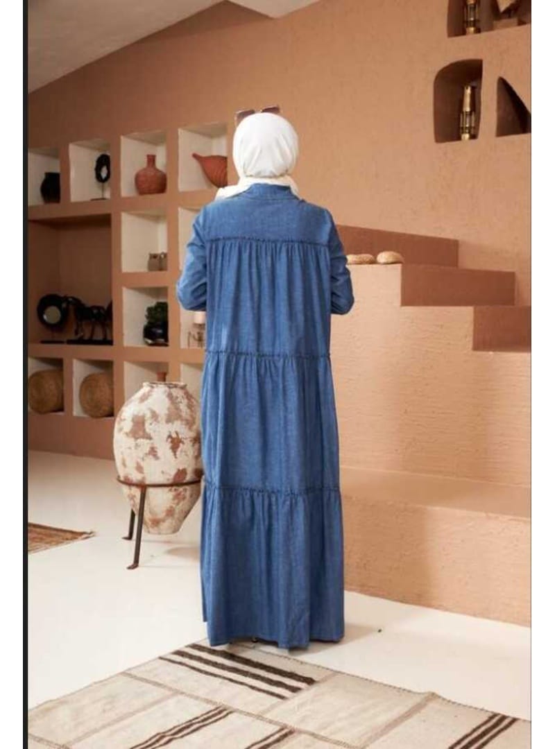 6425-Denim Büzgülü Katlı elbise Mavi - Resim 4