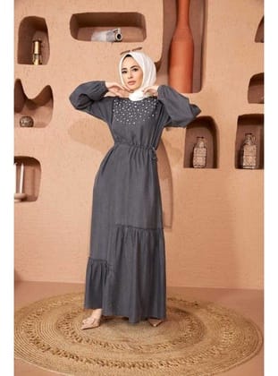 6570-Denim Asimetrik Büzgülü Elbise Gri