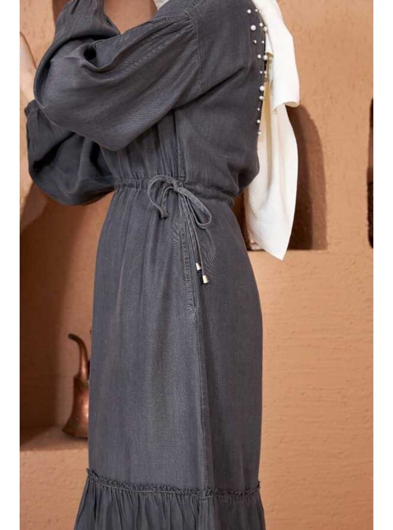 6570-Denim Asimetrik Büzgülü Elbise Gri - Resim 3