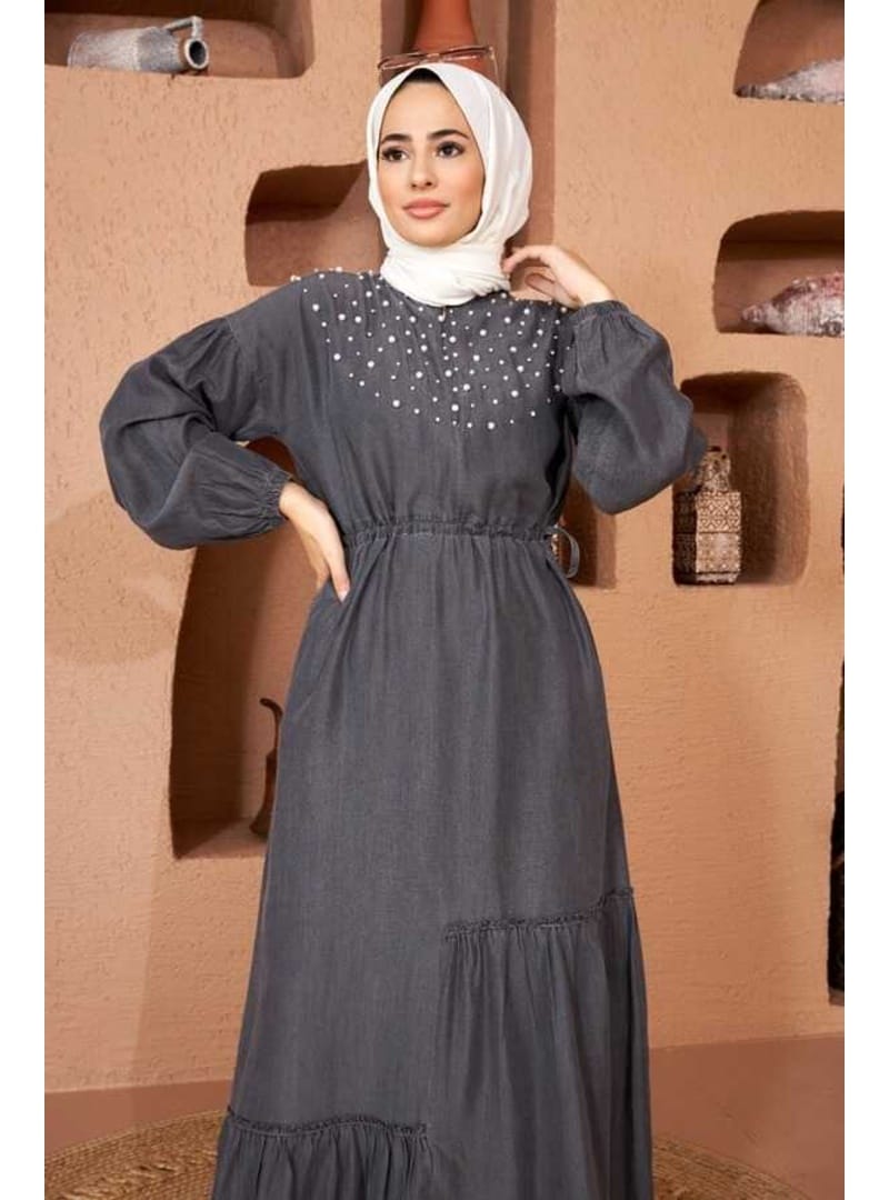 6570-Denim Asimetrik Büzgülü Elbise Gri - Resim 4