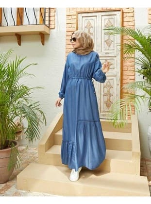 6570-Denim Asimetrik Büzgülü Elbise Koyu Mavi